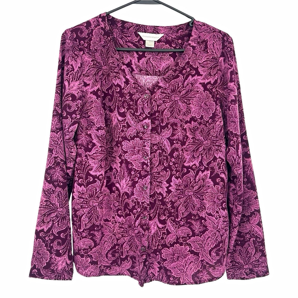 Christopher & Banks S Purple Paisley Blouse Long Sleeve V-Neck Button